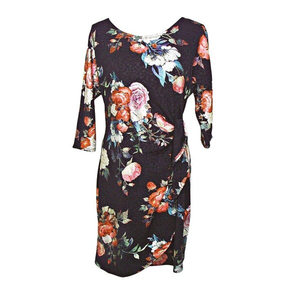 Robbie Bee Foil Floral Wrap Midi Dress Hits At Knee Black Red Teal Size PM NWT - Picture 1 of 12